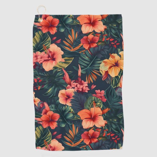 ハイビスカスの花、熱帯性花の模様 ゴルフタオル (正面)