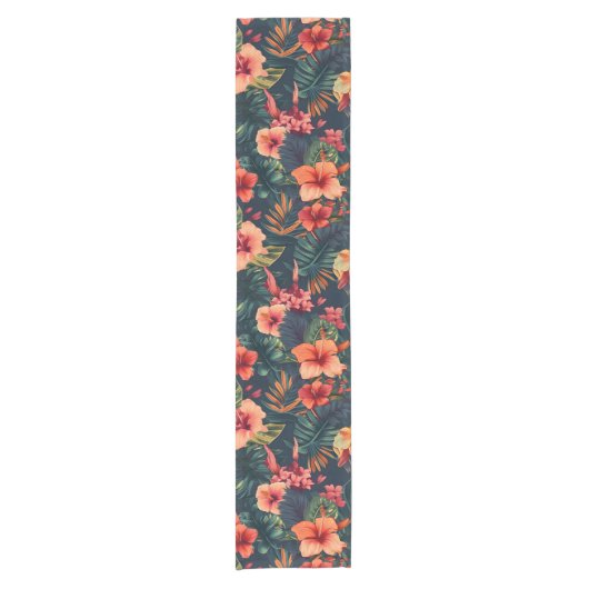 ハイビスカスの花、熱帯性花の模様 ショートテーブルランナー (正面)