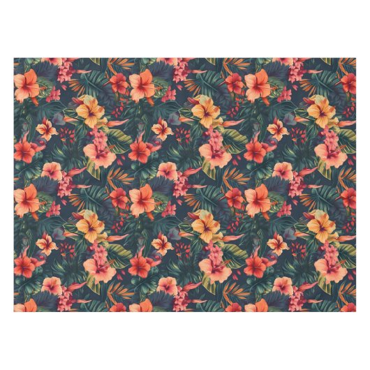 ハイビスカスの花、熱帯性花の模様 テーブルクロス (正面(横))