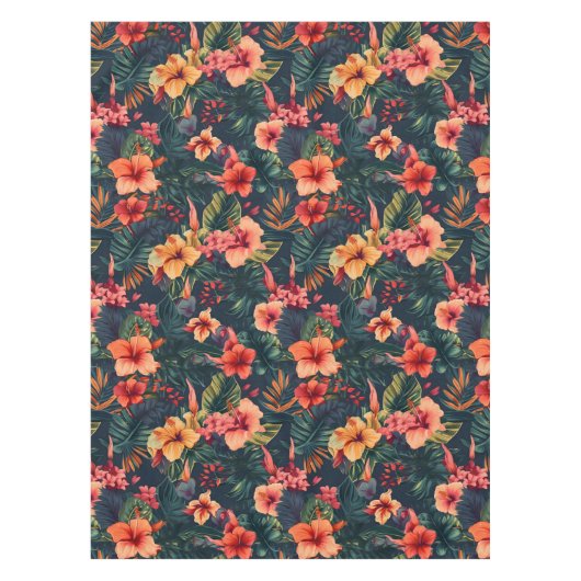 ハイビスカスの花、熱帯性花の模様 テーブルクロス (正面)