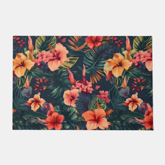ハイビスカスの花、熱帯性花の模様 ドアマット (正面)