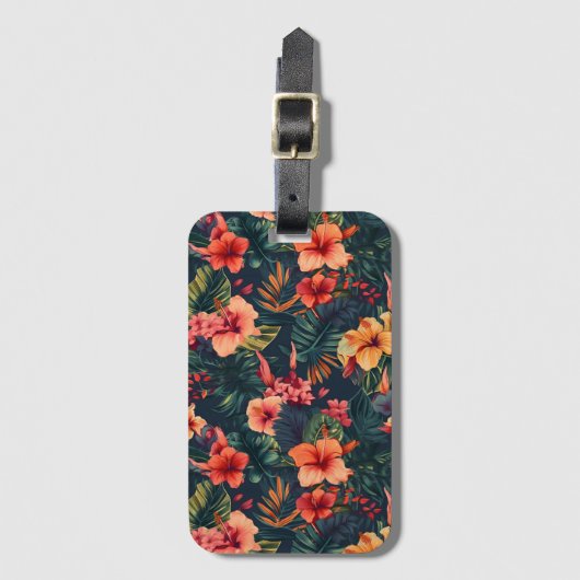 ハイビスカスの花、熱帯性花の模様 ラゲッジタグ (正面縦)