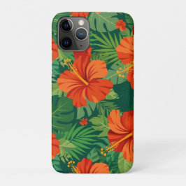 ハイビスカスの花 赤 オレンジ 緑 ジャングルの葉 iPhone 11 PROケース