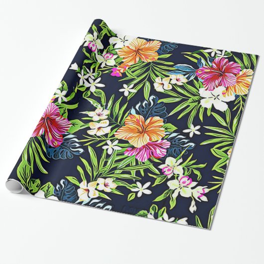 ハイビスカスの蘭およびプラムのはっきりしたな熱帯花 ラッピングペーパー (アンロールド)