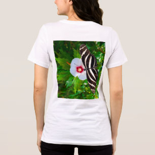 ハイビスカスの赤Tシャツに蝶の長いゼブラ トライブレンドTシャツ
