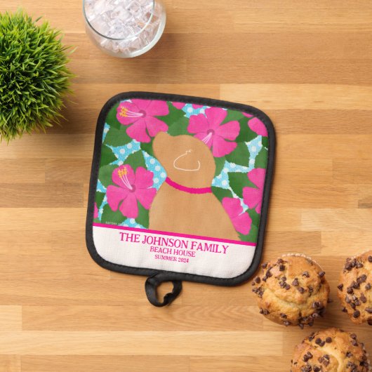 ハイビスカスアイランドイエロードッグポットホルダー 鍋敷き (トップダウン)