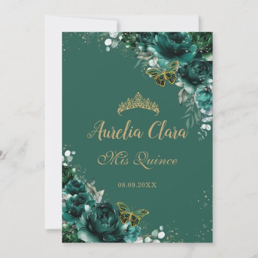 ハイビスカスグリーン エメラルド フラワー ゴールド バタフライ 15歳の誕生日 サンキューカード (裏面)