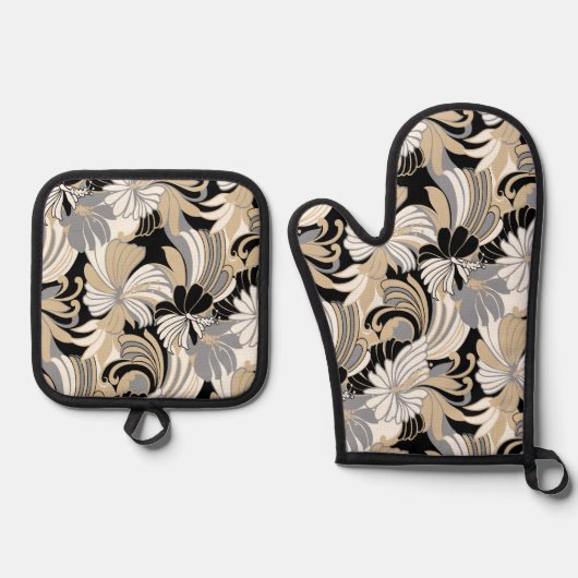 ハイビスカスジャングルハワイアントロピカルニュートラル 鍋つかみ&鍋敷きセット (正面)