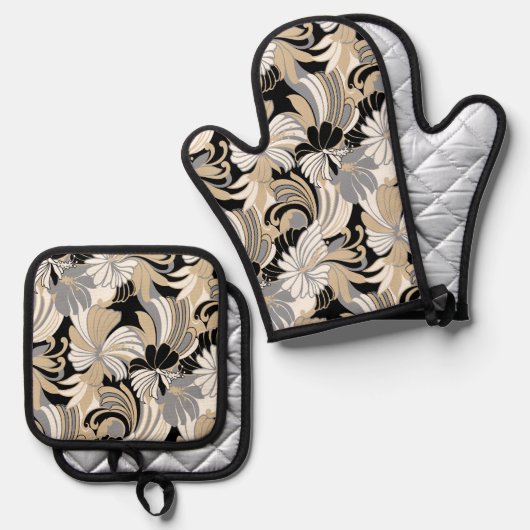ハイビスカスジャングルハワイアントロピカルニュートラル 鍋つかみ&鍋敷きセット (正面/裏面)