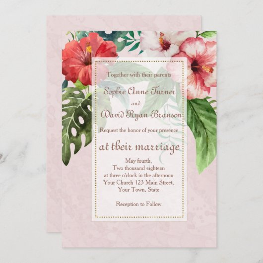 ハイビスカストロピカルブーケビーチ結婚式招待状 招待状 (正面/裏面)