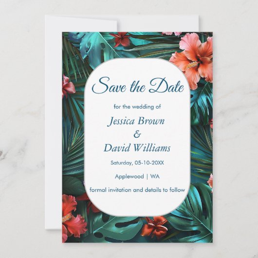 ハイビスカスドリームトロピカルウェディングデイトカードを保存 招待状 (正面)