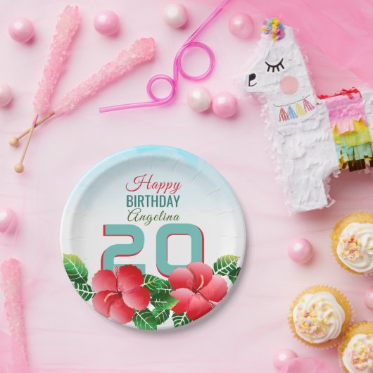 ハイビスカスハワイアントロピカルパーソナライズされた誕生日 ペーパープレート (パーティー)
