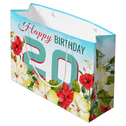 ハイビスカスハワイアントロピカルパーソナライズされた誕生日 ラージペーパーバッグ (裏面アングル)