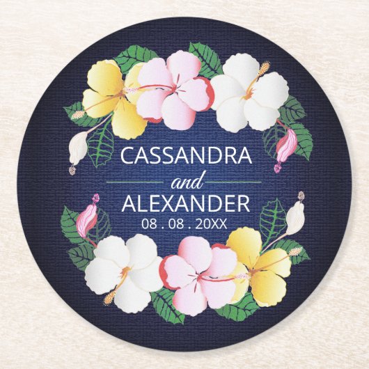ハイビスカスハワイアントロピカル結婚フローラ ラウンドペーパーコースター (正面)