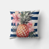 ハイビスカスパイナップルトロピカルネイビーブルーストライプの クッション (裏面)