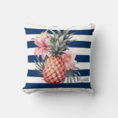 ハイビスカスパイナップルトロピカルネイビーブルーストライプの クッション (正面)