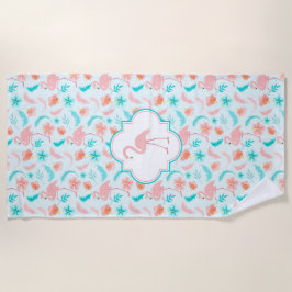 ハイビスカスパターンピンクのフラミンゴ ビーチタオル