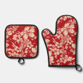 ハイビスカスパラオ動揺してハワイアンレッド 鍋つかみ&鍋敷きセット (正面)