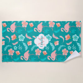 ハイビスカスピンクのフラミンゴ熱帯パターン ビーチタオル