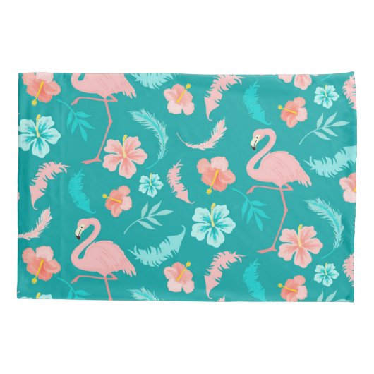 ハイビスカスピンクフラミンゴトロピカルティール(緑がかった色) 枕カバー (裏面)