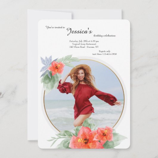 ハイビスカスフォト誕生日招待状 招待状 (正面)