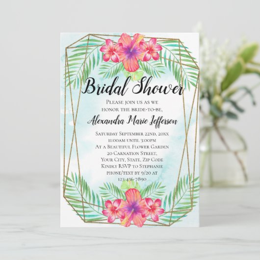 ハイビスカスフラワーウォーターカラービーチブライダルシャワー 招待状 (スタンド正面)