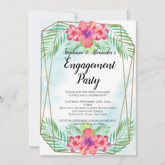 ハイビスカスフラワーウォーターカラービーチ婚約パーティ 招待状 (正面)
