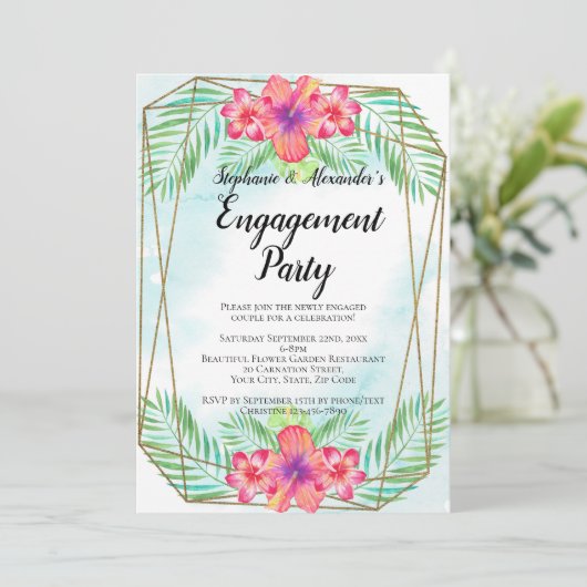 ハイビスカスフラワーウォーターカラービーチ婚約パーティ 招待状 (スタンド正面)