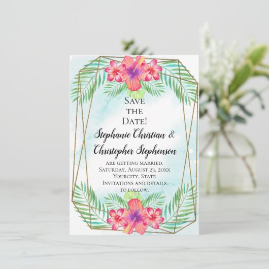 ハイビスカスフラワーウォータービーチ保存日付 招待状 (スタンド正面)