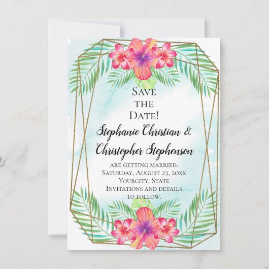 ハイビスカスフラワーウォータービーチ保存日付 招待状 (正面)