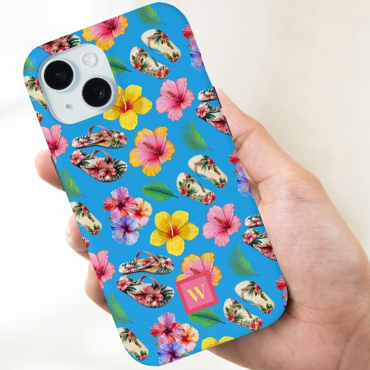 ハイビスカスフラワーズビーチサンダルピンクのモノグラムonブルー Case-Mate iPhoneケース
