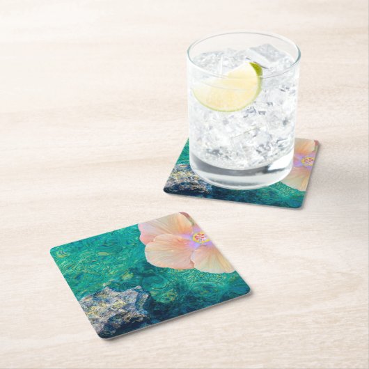 ハイビスカスフラワーターコイズ海水ハワイアン スクエアペーパーコースター (インサイチュ)