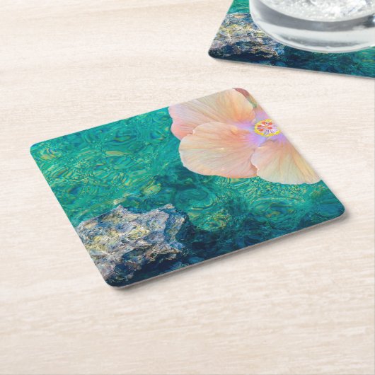 ハイビスカスフラワーターコイズ海水ハワイアン スクエアペーパーコースター (アングル)