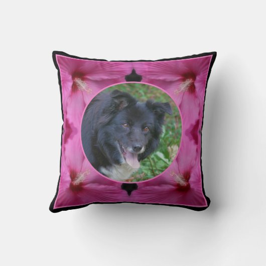 ハイビスカスフラワーフレーム自分のペットの写真を作成 クッション (裏面)