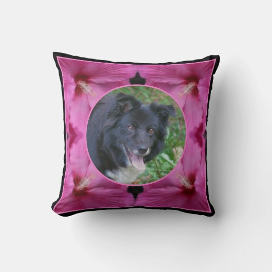 ハイビスカスフラワーフレーム自分のペットの写真を作成 クッション (正面)