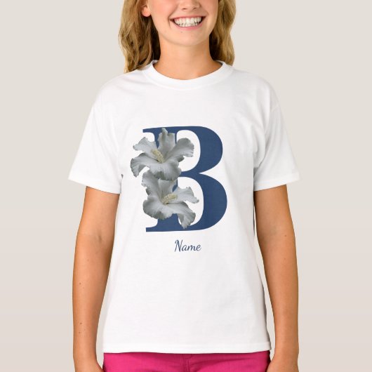 ハイビスカスフラワーモノグラムイニシャルB名 Tシャツ (正面)