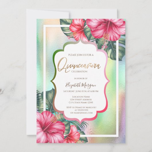 ハイビスカスフレームホログラフィックキンセアニェラ 招待状 (正面)