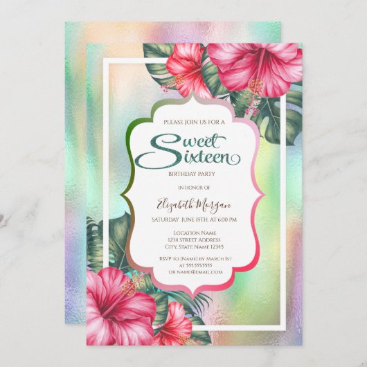 ハイビスカスフレームホログラフィックスウィート16 招待状 (正面/裏面)