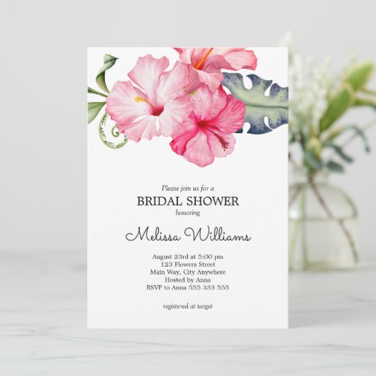 ハイビスカスフローラウォーターカラーロマンティックブライダルシャワー 招待状 (スタンド正面)