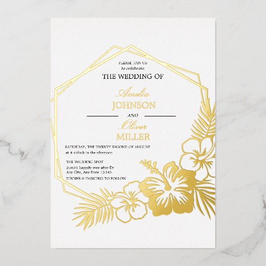 ハイビスカスフローラ六角結婚フレームの金ゴールド 箔招待状 (正面)