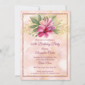 ハイビスカスプラムピンク大理石金ゴールド誕生日パーティー 招待状 (正面)