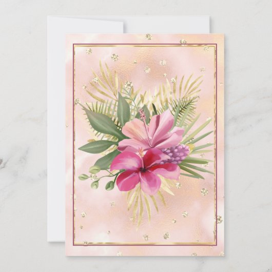 ハイビスカスプラムピンク大理石金ゴールド誕生日パーティー 招待状 (裏面)