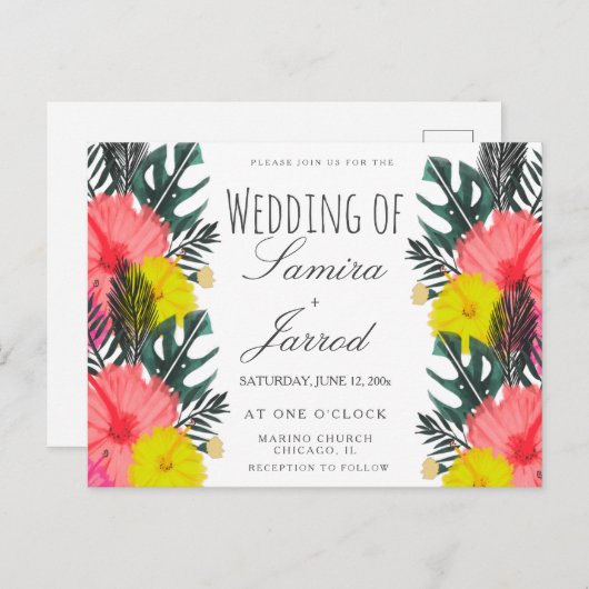 ハイビスカスリーフ手描きフローラトロピカル結婚ズ ポストカード (正面/裏面)