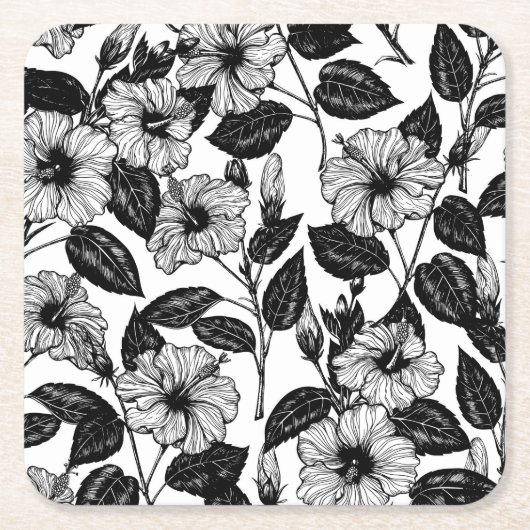 ハイビスカス模様 スクエアペーパーコースター (正面)