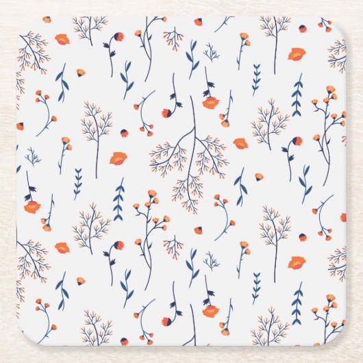 ハイビスカス水彩植物咲きシームレス スクエアペーパーコースター (正面)