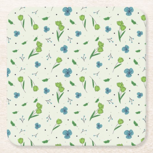 ハイビスカス水彩植物咲きシームレス スクエアペーパーコースター (正面)