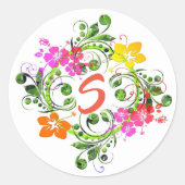 ハイビスカス熱帯フローラリースグリーンピンクイエロー ラウンドシール (正面)