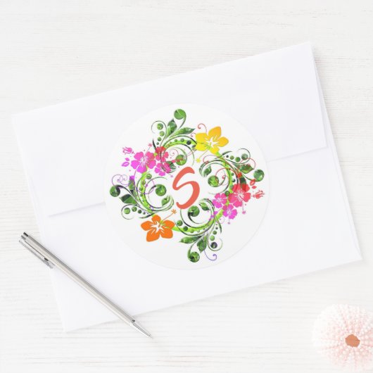 ハイビスカス熱帯フローラリースグリーンピンクイエロー ラウンドシール (封筒)