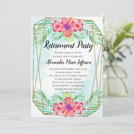 ハイビスカス熱帯ルアウ(ハワイ式宴会)ビーチ退職パーティー 招待状 (スタンド正面)