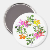 ハイビスカス熱帯花リースグリーンピンク黄色 マグネット (正面/裏面)